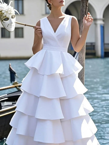 MQTIME  -   Summer Women's Tiered Sheer Maxi Dress V-neck Sleeveless A-line Pleated Party Dress Elegant Wedding Gowns